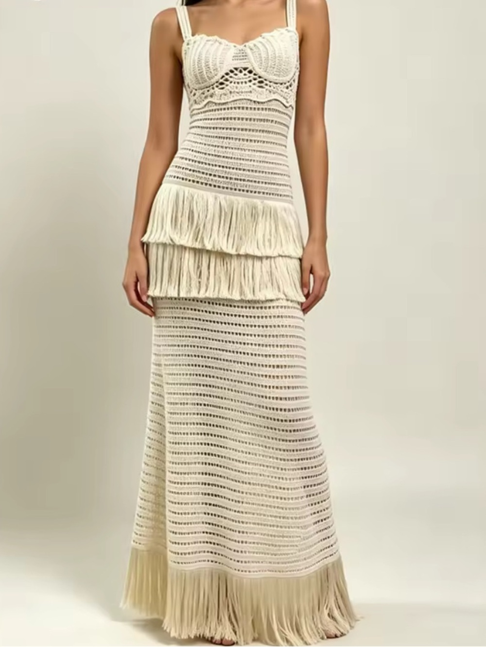 NEW $375 HIGH END NYLA Handmade Crochet Fringe Maxi Dress in Cream